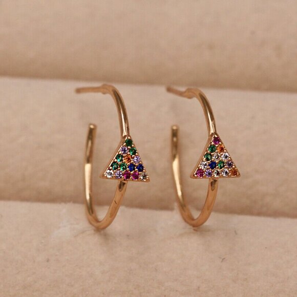 18K Yellow Gold Filled Bohemian Triangle Colorful Diamond Zircon Hoop Earrings - Picture 2 of 3